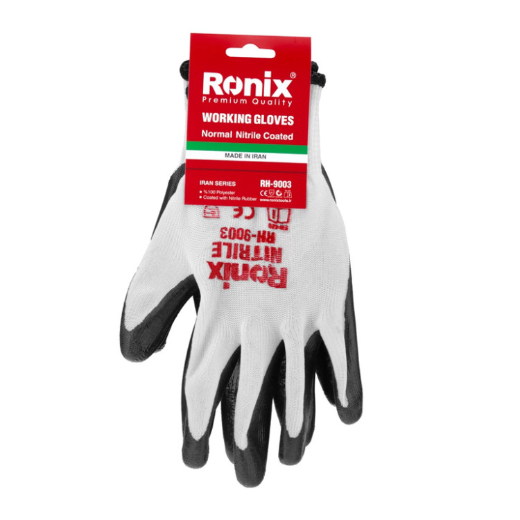 دستکش ایمنی نیتریل کف مواد مشکی ساده نخ سفید مدل RH-9003